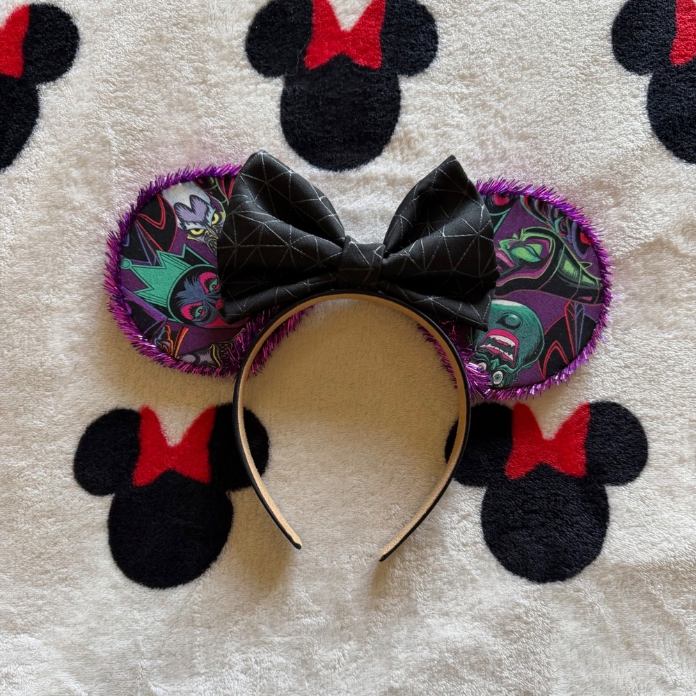 Handmade Disney Villains Mouse Ears Headband Purple Black Bow Halloween - AD1639